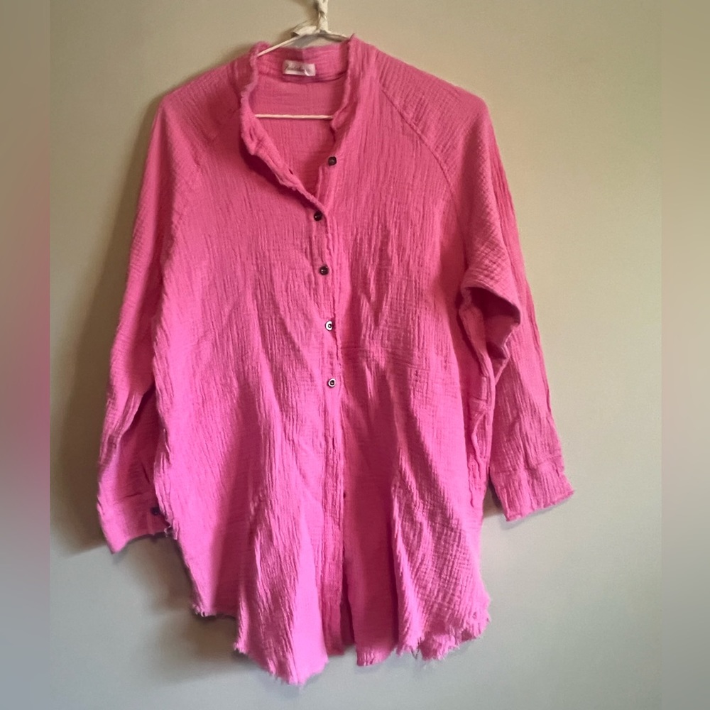 Pink button down swimsuit coverup/oversized top
